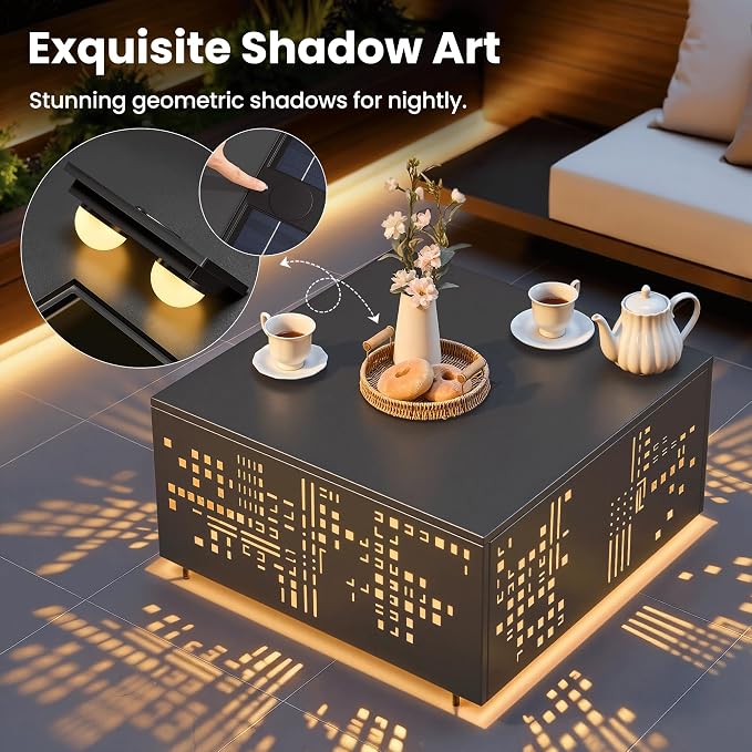 ovios 27" Outdoor Coffee Table with Solar Light, Patio Metal Table with Umbrella Hole and Cut-Out Design, Weatherproof Square Side Tables for Deck Porch Balcony Garden Backyard, Grey