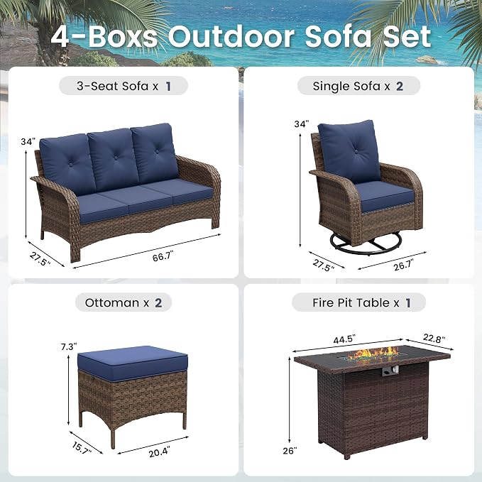 UDPATIO Patio Furniture Set with 44" Fire Pit Table, High Back 4 Swivel Rocker Chairs, Wicker Outdoor Conversation Sets with Thick Cushions & Ottoman, for Garden, Porch