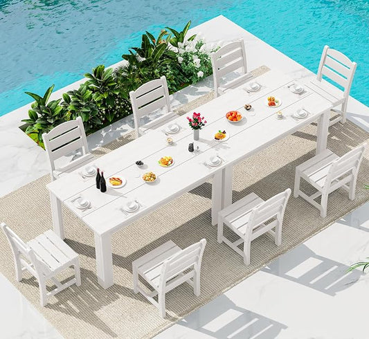 SERWALL 59" Patio Dining Set for 8, HDPE Dining Set, White | Include 2 Rectangular Tables and 8 armless Chairs, All Weather Dining Sets for Garden, Backyard