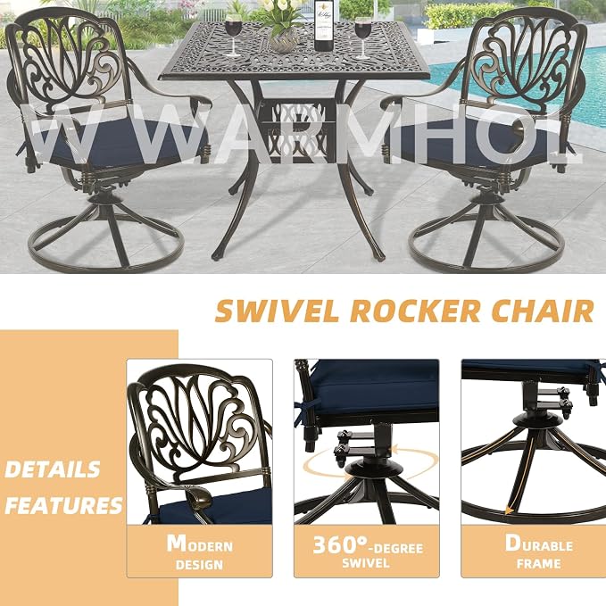 5 Piece Patio Dining Set, Outdoor Table and Chairs Set for 4 Cushioned Swivel Rocking Chairs and 35.4'' Square Table, All-Weather Cast Aluminum Patio Funiture Set, 2.2'' Umbrella Hole, Navy