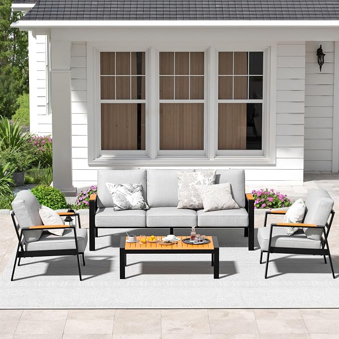 Aluminum Outdoor Patio Coffee Table for for Deck, and Poolside (Black, Dark Teak)