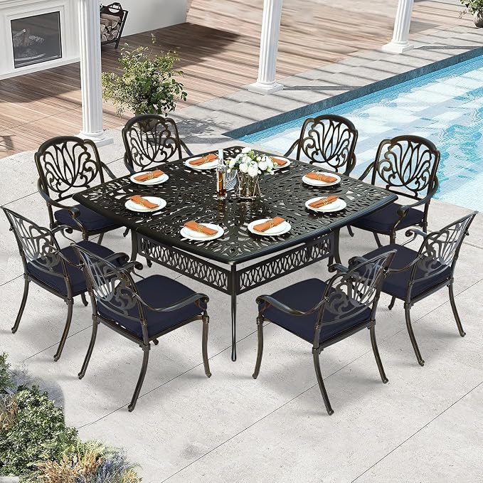 9 Piece Outdoor Patio Dining Set for 8, Cast Aluminium Large Square Dining Table & 8 Cushioned Stackable Chairs, Umbrella Hole, Patio Furniture Set for Garden Porch Poolside, Navy Blue