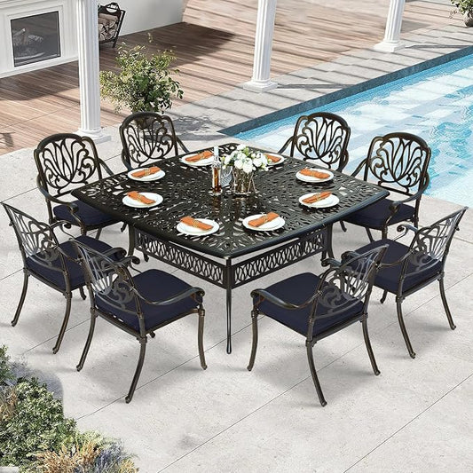 9 Piece Outdoor Patio Dining Set for 8, Cast Aluminium Large Square Dining Table & 8 Cushioned Stackable Chairs, Umbrella Hole, Patio Furniture Set for Garden Porch Poolside, Navy Blue