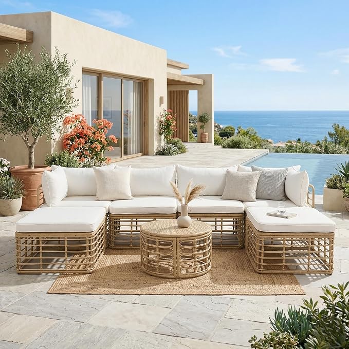 7 Piece Outdoor Patio Furniture, Outdoor Rattan Sofa Set with Round Coffee Table, Thick Cushions & Pillows, All Weather Freely Combined Conversation Set for Garden Backyard Balcony, Beige