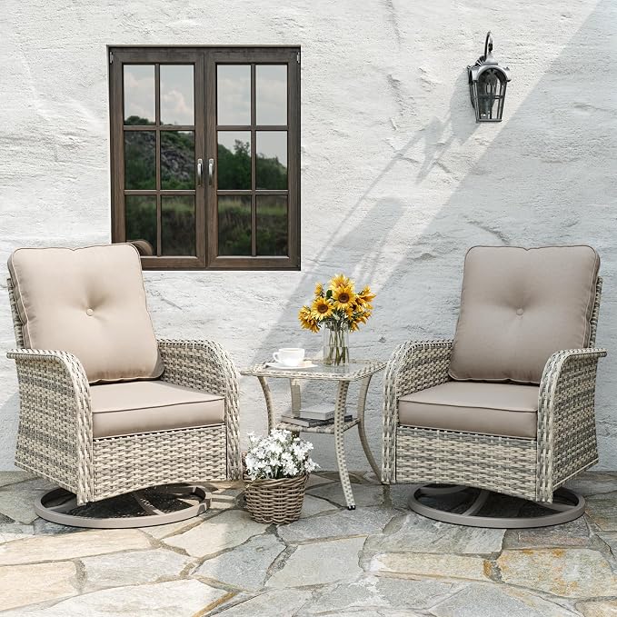 Patio Rocking Swivel Chair Outdoor Wicker Rattan Bistro Set with Tempered Glass Side Table, Outdoor Patio Furniture Set for Garden, Deck, and Balcony, Beige