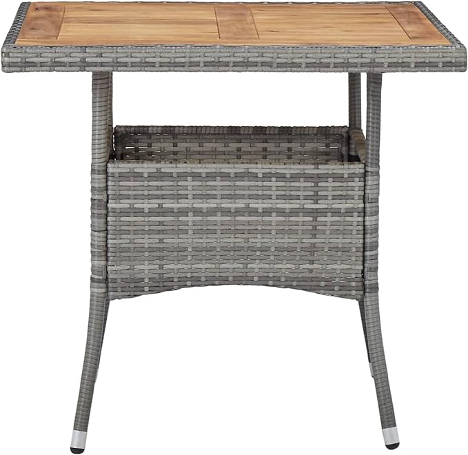 Benzara Biwo Outdoor Dining Table, Gray Wicker Rattan, 32 Inch Brown Wood Top