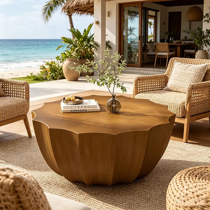 35.43" Round Outdoor Coffee Table, Durable MgO Cement Design – Waterproof for Patio, Garden & Living Room, Stylish & Low-Maintenance (Natural-12-35.43")
