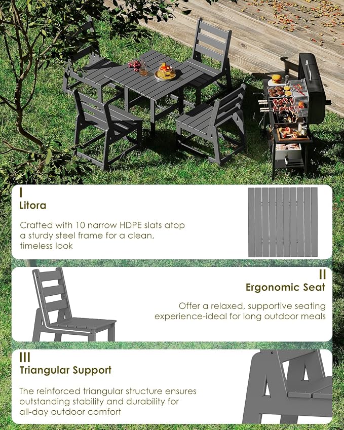 GREENVINES 5-Piece-Outdoor-Dining-Set | HDPE | Square | Patio Furniture | All Weather | Armless Chair | Slatted Table and Chairs Sets for 4 | for Backyard Poolside Garden | Grey