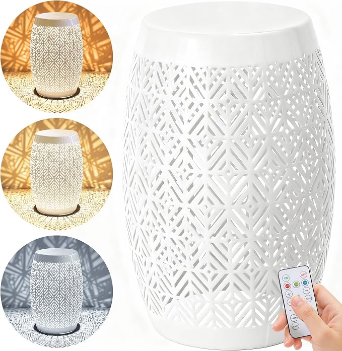 18" Cutout Metal Outdoor Side Table with 3-Mode LED Lights, Modern Decorative Drum End Table, Versatile Coffee Table/Garden Stool/Night Stand/Plant Stand for Patio, Living Room, Bedroom