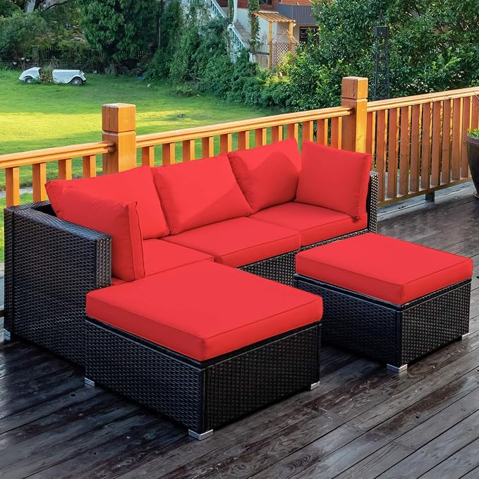 COSTWAY 5-Piece Outdoor Patio Furniture Set, PE Rattan Sectional Conversation Set with Cushions and 2 Ottomans for Garden, Deck, Backyard (Red)