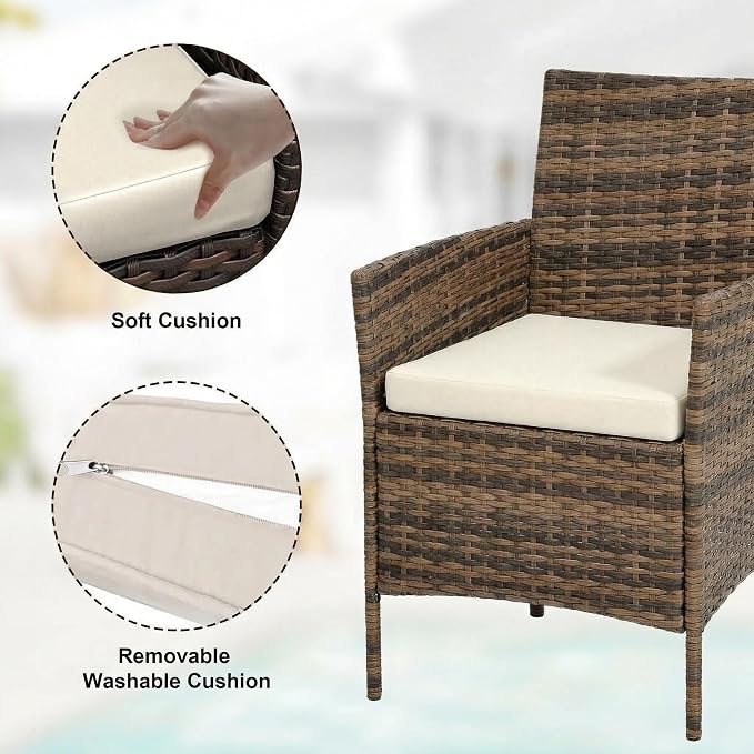 3 Piece Outdoor Patio Furniture Set, All-Weather Brown Wicker Rattan Conversation Set with Cushions, Chairs & Coffee Table for Porch, Backyard & Balcony