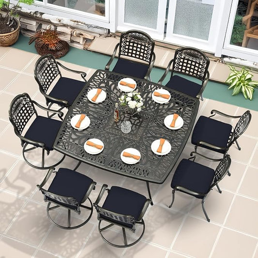 MEETWARM 9-Piece Outdoor Patio Dining Set for 8, All Weather Cast Aluminum Patio Funiture Table and Chairs Set- Large 64" Square Table and 4 Swivel Rocker Chairs, 4 Stationary for Garden, Navy Blue