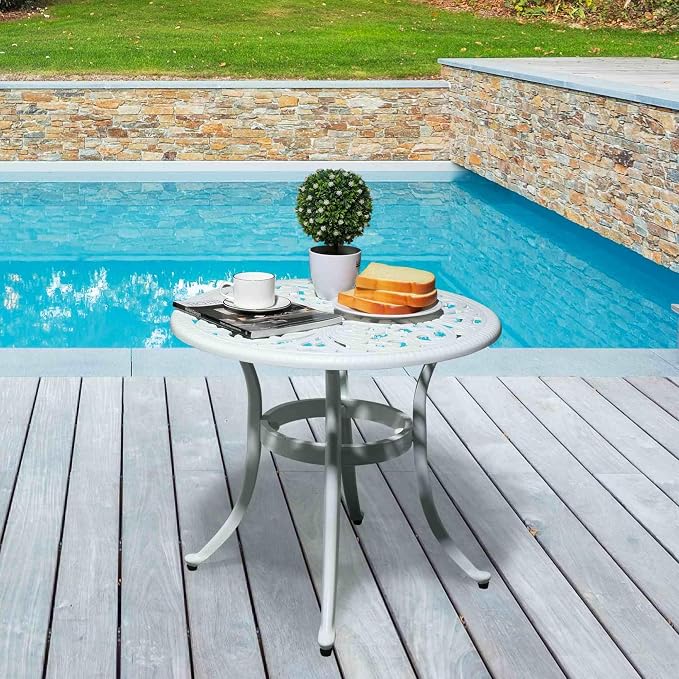 Outdoor Round Side Table with Classical Floral Design, 23.6” Aluminum Round Patio Table for Indoor & Outdoor Use, (White)