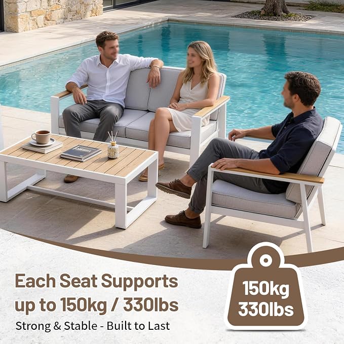 Aluminum Patio Furniture Set, Modern Metal Outdoor Conversation Sectional Sofa with Washable Thick Cushions, Coffee Table and Waterproof Cover (White, 1088-4seat)