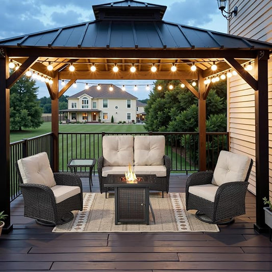 Belord 5 Pieces Patio Furniture Set with 30” Propane Fire Pit Table, Deep Seating Swivel Rocker Glider Outdoor Chairs Set of 4 with Side Table Set of 2 Patio Conversation Set Black Wicker