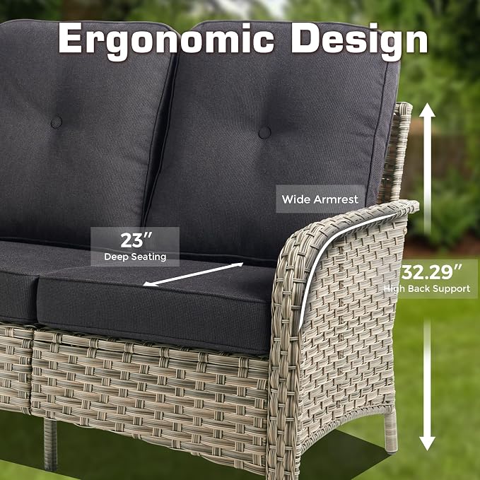 5-Piece Outdoor Patio Furniture Set,All Weather Wicker Rattan Patio Seating Sofa and Chair Set with Ottomans,Outdoor Conversation Sets with 3 Seater Couch for Porch Deck Yard,Black
