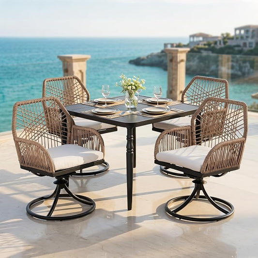 NUU GARDEN 5-Piece Patio Dining Set, Slatted Table with Umbrella Hole, 4 Swivel Chairs with Beige Cushions, Handwoven Double-Layer Twisted Rattan, Powder-Coated Metal Frame, Brown and Black