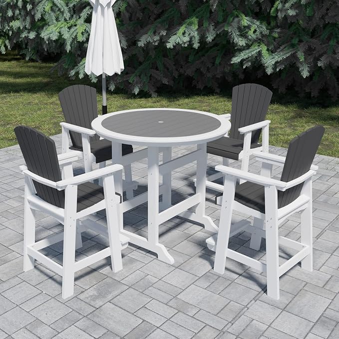 WILLIAMSPACE Patio Bar Table Set of 5, Height Outdoor Round Bar Table with 1.96" Umbrella Hole, 4 Piece Bar Stools with Backs, Counter Furniture Set for Kitchen Outside (White & Grey)