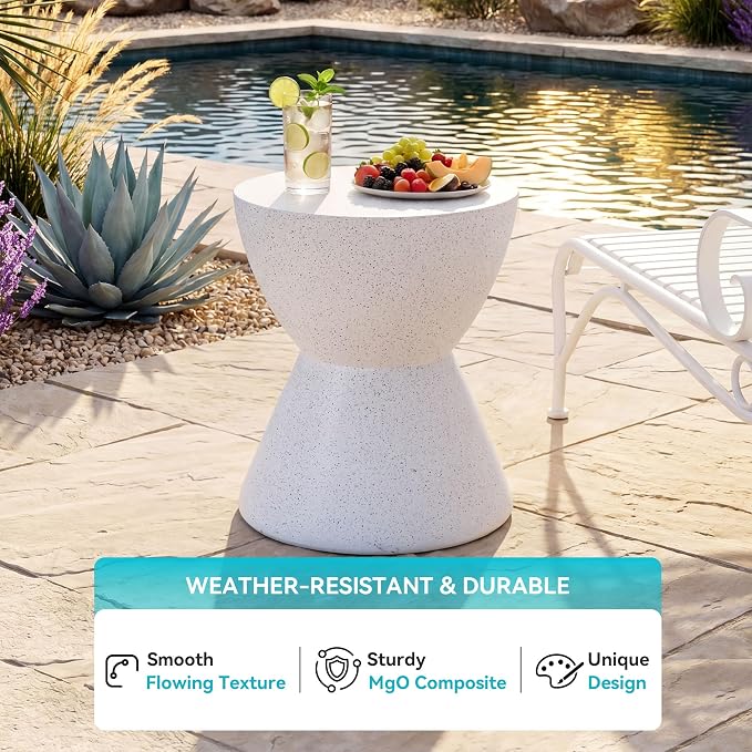 COSIEST Outdoor Drum Side Table, 19" Modern Concrete Hourglass End Table for Patio, Small Round Outside Accent Table & Plant Stand for Garden, Porch, Deck, Balcony，White