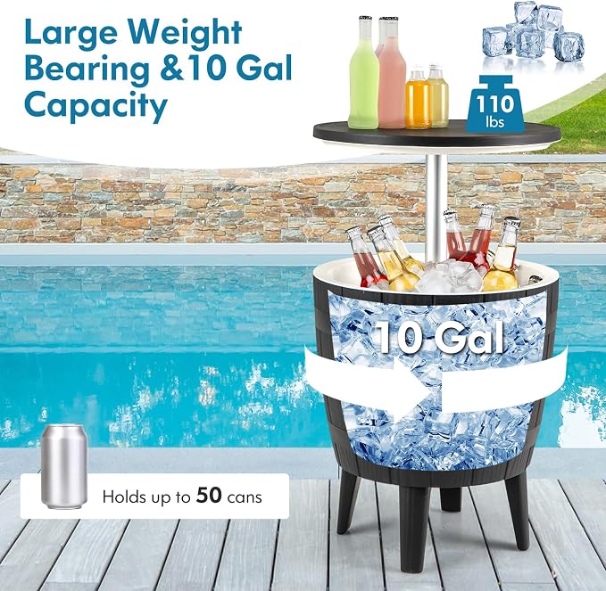 Tangkula 10 Gallon Cooler Bar Table, Outdoor Cooler Side Table w/Telescopic Tabletop, 3-in-1 Coffee Table Ice Bucket for Beer & Wine, All-Weather Cocktail Table for Backyard, Party, Poolside (Black)