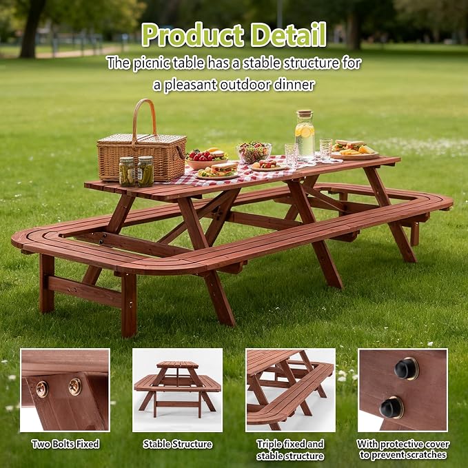 121'' Large Outdoor Dining Table, Rectangular Wooden Patio Dining Table & 2 Built-in Bench for 16, 2" Umbrella Hole, Suitable for Backyard Garden Porch, Brown