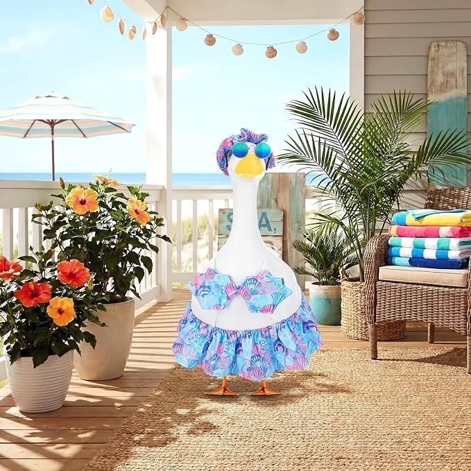 Abbylike Bikini Porch Goose Outfit Summer Hawaiian Goose Clothes Printed with Seashells Sun Hat Sunglass Fits 23'' Statue Cement Costume for Beach Yard Garden Lawn Pathway Patio Pool Decoration