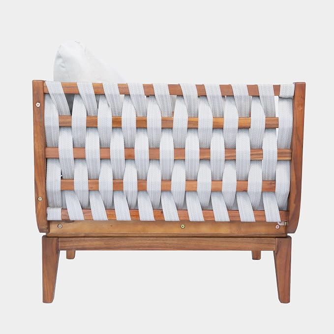 Merax Outdoor Acacia Wood Club Chair wtih Cushions, Patio Sofa Chair with Hand-Woven Rope, Deep Seating for Porch, Lawn, Backyard, Balcony, 400 lbs Weight Capacity, Teak+ Beige