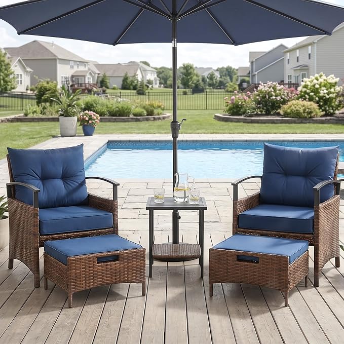 AVAWING 5 PCS Outdoor Rattan Furniture Set, Wicker Conversation Sets W/Metal Coffee Table and Soft Cushions, Patio Chairs with Ottomans for Garden, Porch, Balcony and Deck (Blue)