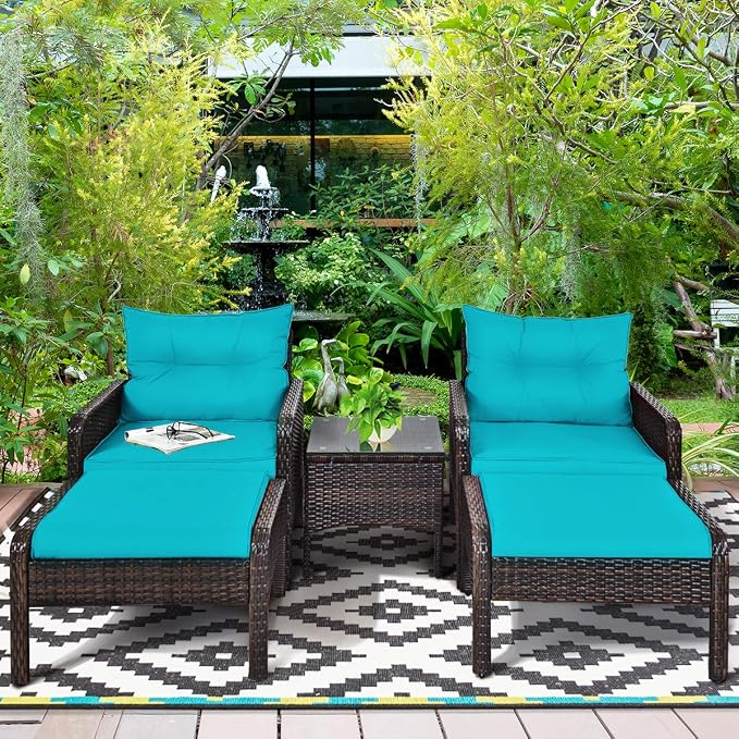 Tangkula 5 Pieces Wicker Patio Furniture Set, PE Rattan Outdoor All Weather Cushioned Sofas and Ottoman Set, 2-Person Outside Conversation Set for Lawn, Poolside, Yard, Balcony, Deck (Turquoise)