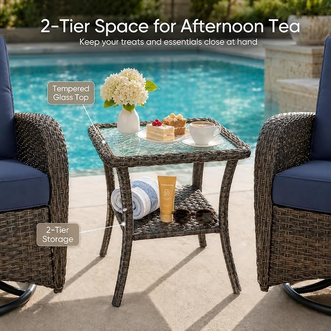 HUMMUH 3-Piece Patio Swivel Rocker Chairs Set with Glass Side Table | 360 degree swivel gliding, 4-inch thick sponge cushions, 250 lbs weight capacity, hand-woven pe wicker