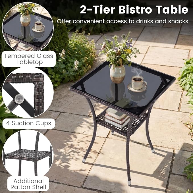 DORTALA Wicker Patio Furniture Set 3 Piece, Small Outdoor Table & Chairs with Tempered Glass Tabletop, Cushions, Rattan Conversation Bistro Set for Balcony, Porch, Backyard, Deck, Mix Brown+Navy