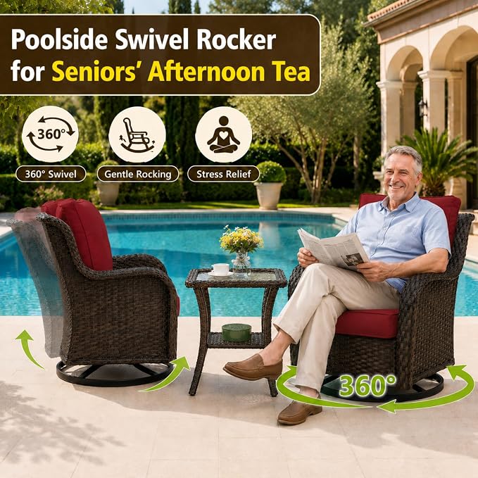 HUMMUH 3-Piece Swivel Rocking Rattan Chair Outdoor, Patio Bistro Furniture Conversation Set, Cushioned Wicker Chair with Glass Coffee Table