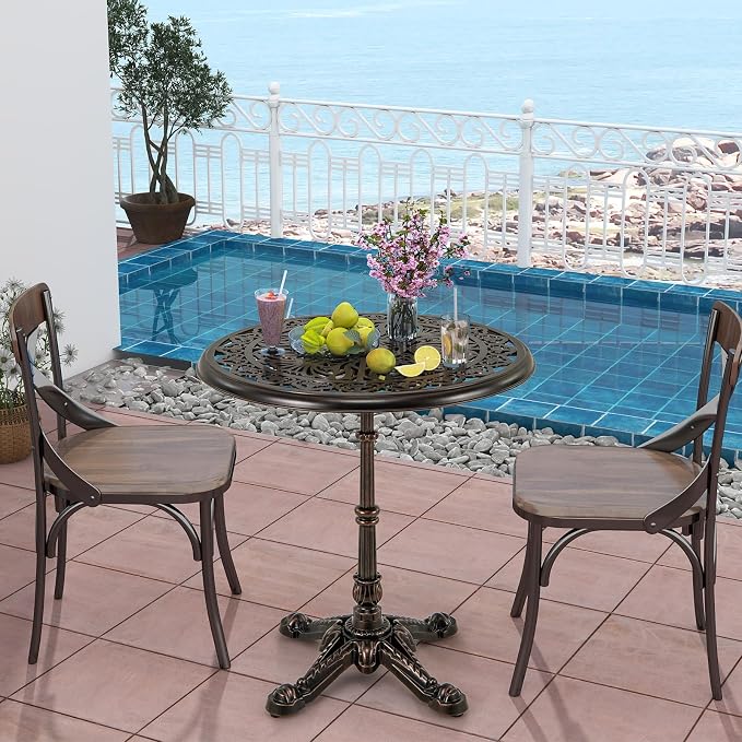 HAPPYGRILL Outdoor Dining Table 27", Cast Aluminum Patio Table with Hollowed-Out Tabletop, Carved Cross Base, Round Outdoor Side Table for Yard, Balcony, Garden, Poolside