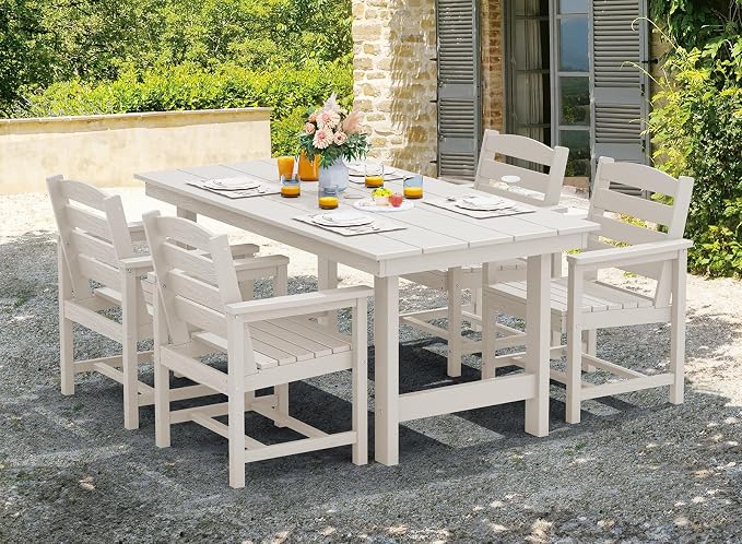 SERWALL 5 Pcs HDPE Patio Dining Set w/Umbrella Hole Table & 4 Chairs, White | HDPE Outdoor Dining Set with Rectangular Table & 4 Chairs, All-Weather Patio Dining Furniture