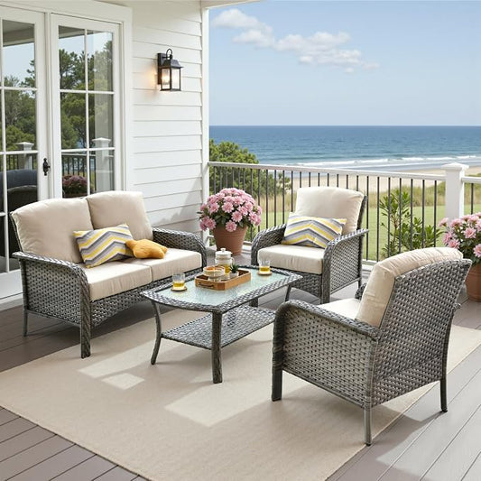 4 Pieces Patio Furniture Set, Small Outdoor Patio Set with Coffee Table, All-Weather Rattan Wicker High Back Conversation Set Loveseat with Chairs for Porch, Backyard, Balcony, Beige