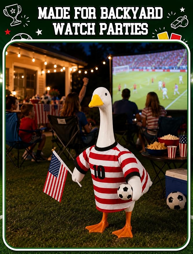 ROSSNY USA Soccer Porch Goose Outfit for 23 in Goose Statue | One-Piece Easy Dress Design, Summer Sports Fan Jersey Goose Clothes, Game Day Decor for Patio Yard Lawn