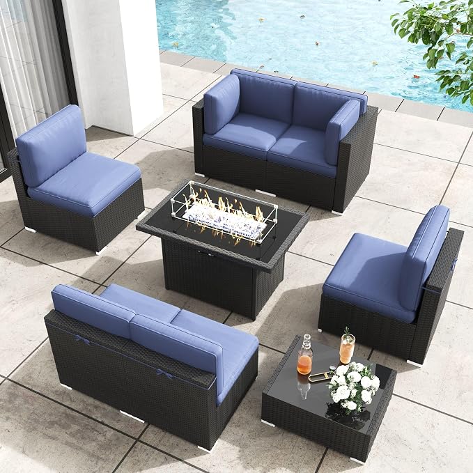 Patio Furniture Set with Fire Pit Table, 8 Pieces Outdoor All-Weather Wicker Conversation Sectional Chair Sofa Set
