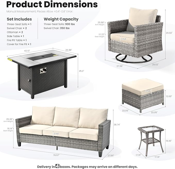 ovios 7 Pieces Patio Furniture Set with 42" Fire Pit Table, Outdoor Wicker Sofa with Swivel Chairs, All Weather High Back Rattan Couch Conversation Set, Beige