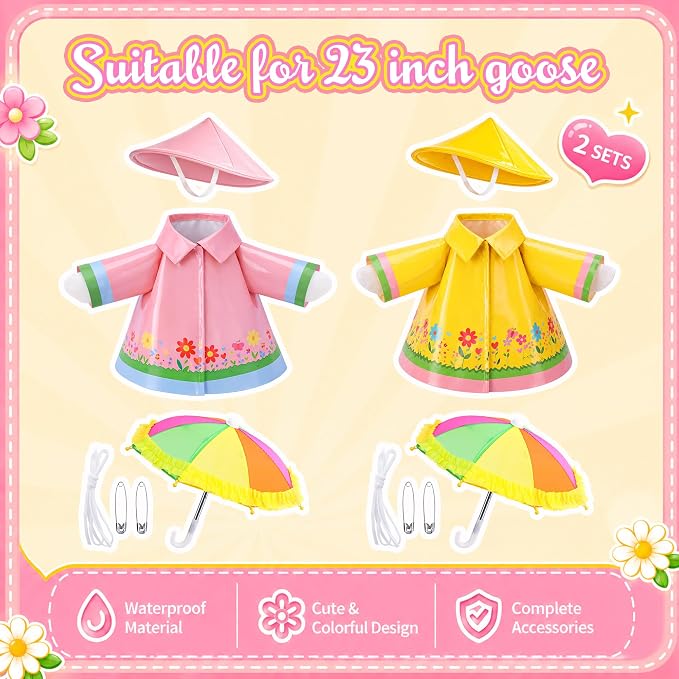 DECOHS 2 Set Raincoat Porch Goose Outfits, Summer Lawn Goose Statue Raincoat Costume, Yard Goose Clothes Raincoats Umbrella Hat Outfit for 23" Statue Patio Garden Decoration (Yellow & Pink)