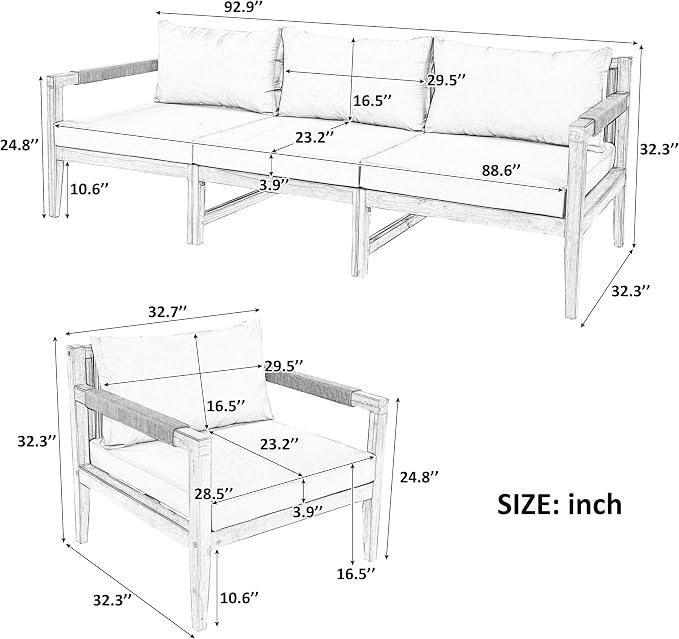 3 Pieces Outdoor Sectional Sofa Set, All Weather Rope Woven Patio Conversation Set with Solid Acacia Wood Frame, Water-Resistant Removable Cushions for Backyard Deck Poolside (Grey-4.19)