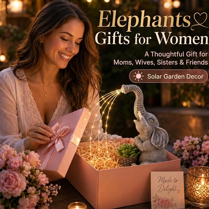Lyeasw Solar Elephant Statue Lights, Good Luck Gift for Mom, Dad & Grandma, 10.5 Inch Outdoor Elephant Garden Decor for Yard, Porch or Patio, Birthday & Housewarming Gift