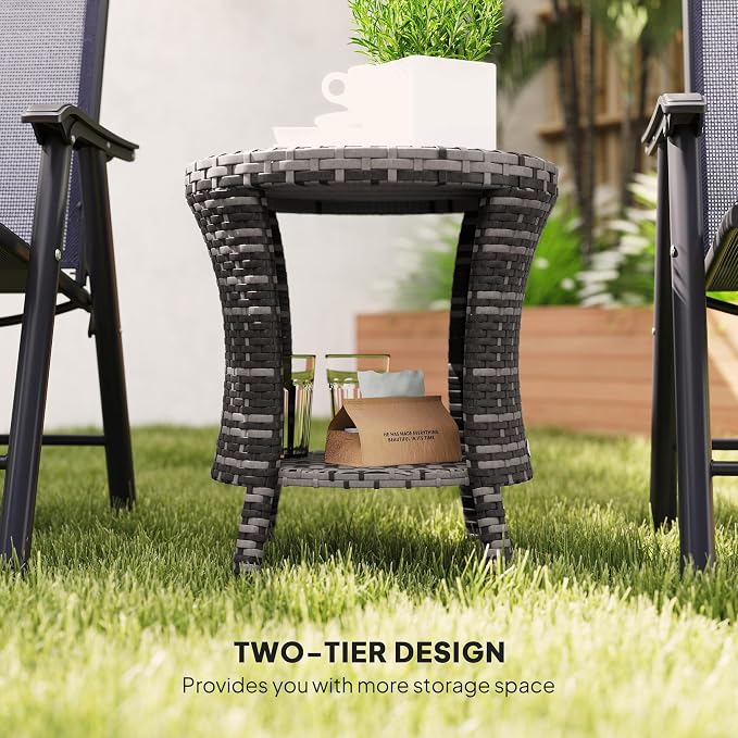 Outsunny 18" Outdoor Wicker Coffee Table, 2-Tier Patio Side Table with Storage, PE Rattan End Table with Composite Wood Top, Steel Frame for Garden Backyard Balcony, Gray