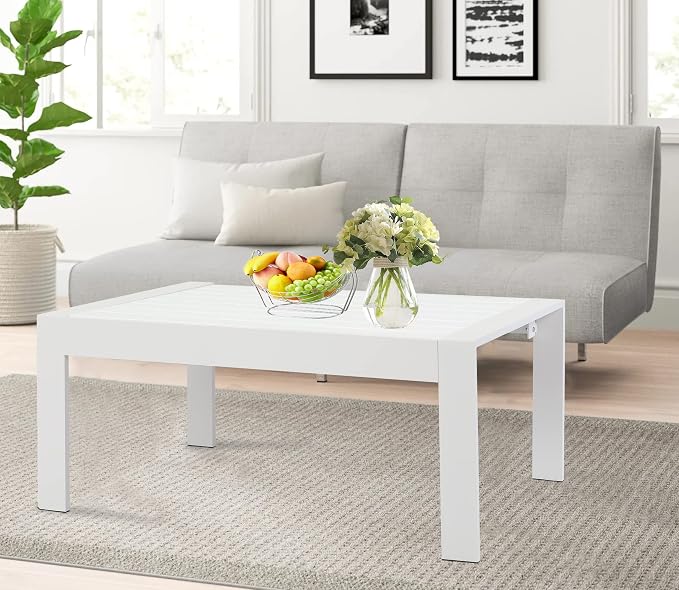 FansaFurn All-Weather Aluminum Outdoor Coffee Table, Modern Rectangle Patio Coffee Table for Balcony Garden, Light Grey