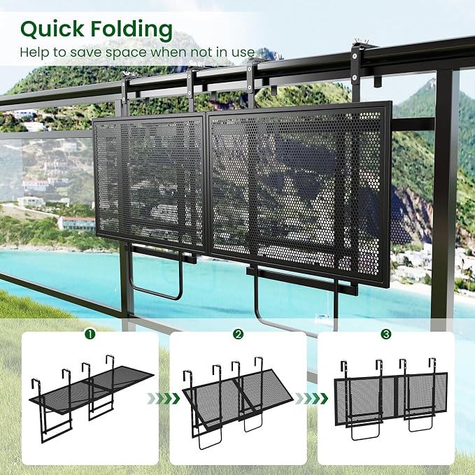 Tangkula Balcony Railing Table, 48" Outdoor Space-Saving Folding Hanging Table with 5-Level Adjustable Height, Metal Frame, Fits Railings Up to 1.5"-3.5" Thick for Patio, Porch, Deck