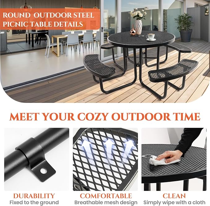 Ceridwen Heavy Duty Picnic Table with 4 Benches, Expanded Metal Steel Mesh Outdoor Patio Dining Table Bench Set with Umbrella Hole,Outdoor Patio Dining Table for Garden (Round, Black, 46FT)