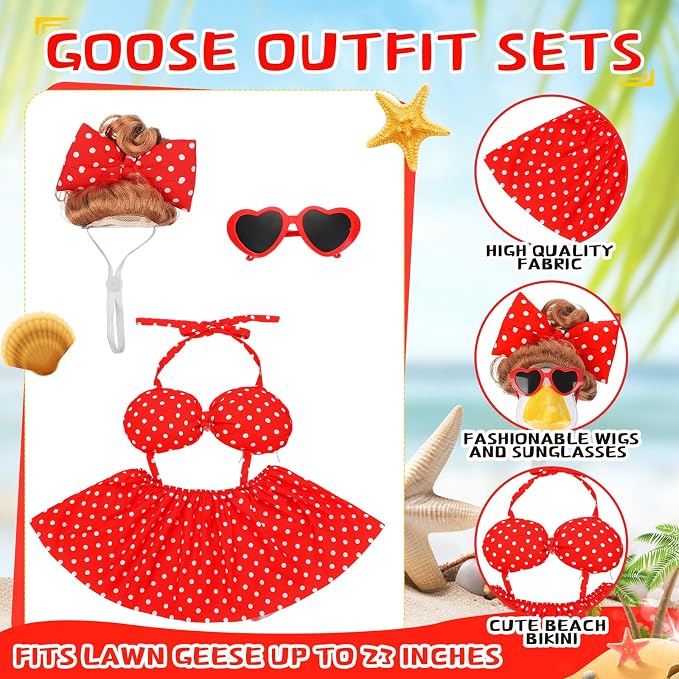 Abbylike Summer Bikini Porch Goose Outfit Red Polka Dot Bikini Yard Goose Hawaiian Clothes with Sunglasses and Curls Wigs Fits Large 23'' H Cement for Outdoor Garden Patio Pathway Statue Art Decor