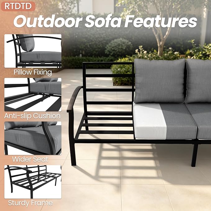 Metal Patio Furniture Set,6 Pieces 8 Seats Patio Sectional Outdoor Furniture Set with 2 Rectangular Coffee Tables,Patio Conversation Sets with 5.1" Thickened Cushions,Grey