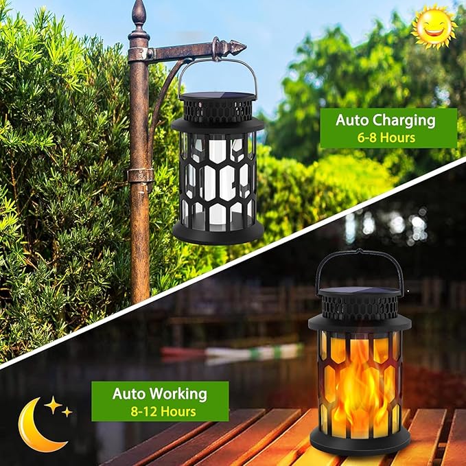 Solar Lights Outdoor Flickering Flame Lanterns, 2-Pack | IP65 waterproof ABS. Auto on/off, 8-12h runtime. Warm light for patio, garden, yard, deck.