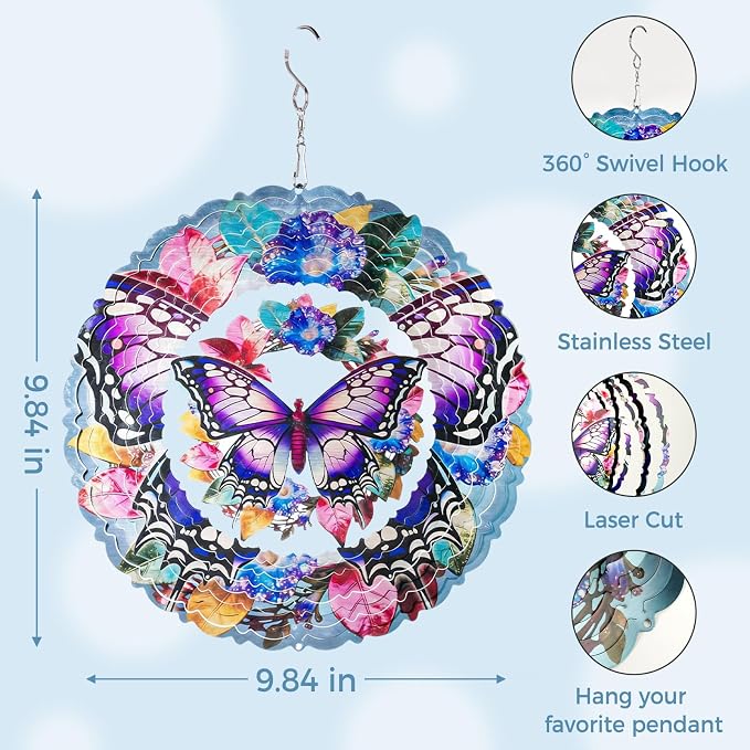 Butterfly Wind Spinners Outdoor, 10 Inch Laser-Cut Stainless Steel Metal Wind Spinners, 3D Kinetic Hanging Sculpture, Metal Yard Art, Garden Decor, Butterfly Gifts for Women, Men, Mom, Grandma