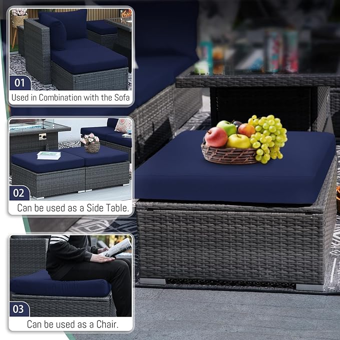 RADIATA 7 Piece Wicker Patio Furniture Set with Fire Pit, All-Weather Outdoor Sectional Couch High Back Large Size, Modular Backyard Seating Sofa Set with Propane/Natural Gas Firepit Table, Grey&Blue